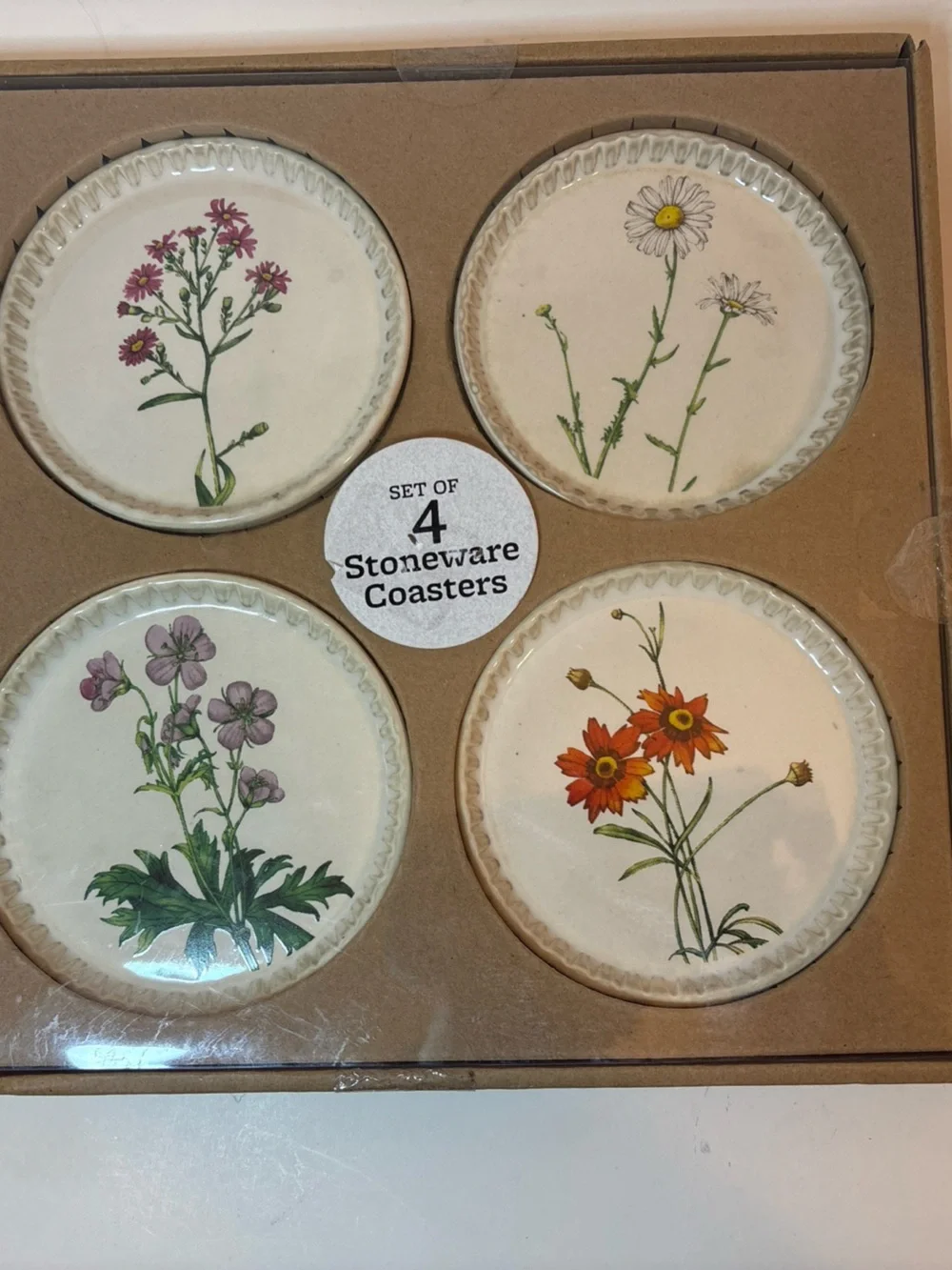 Thirstystone Brown Coaster Set Stoneware FLORAL Like New In Box